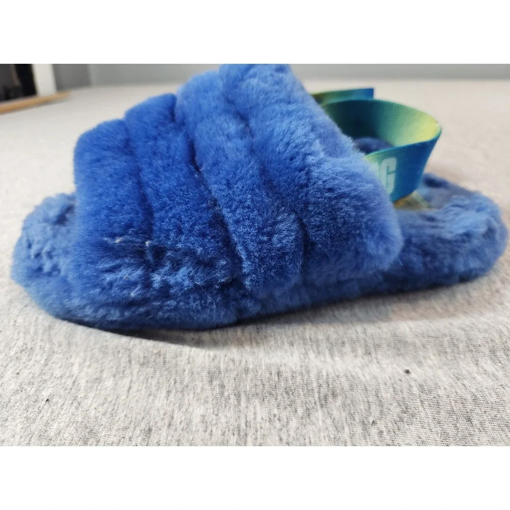 UGG Fluff Yeah Slides Kids Size 2 Blue Elastic Slingback Sheepskin Sandals